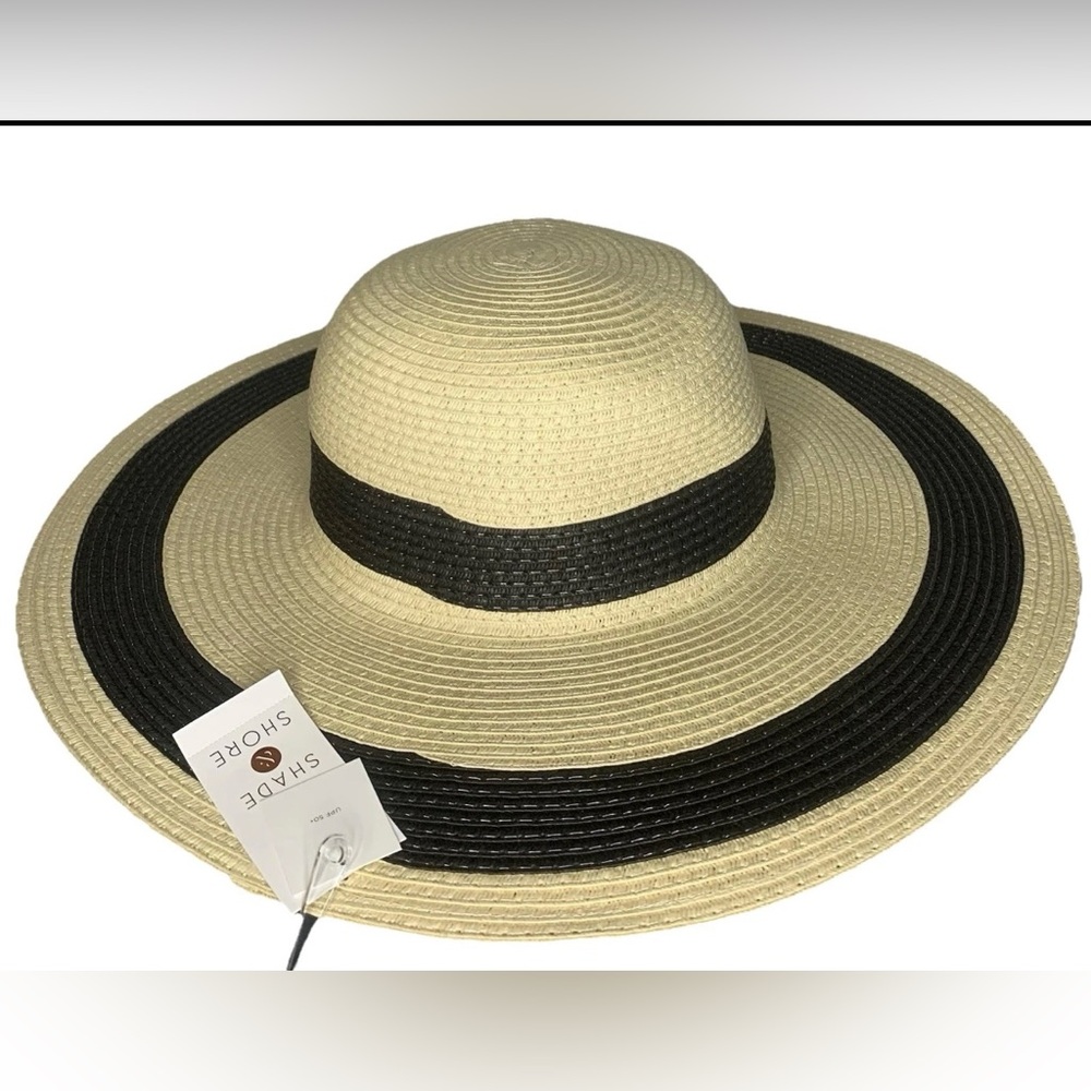 Shade & Shore Elegant Black and Tan Wide Brim Hat NEW
